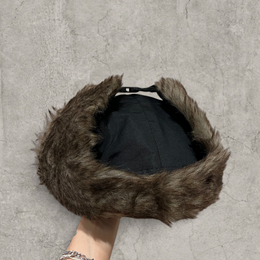 Russian ushanka hat in black with grey faux fur.