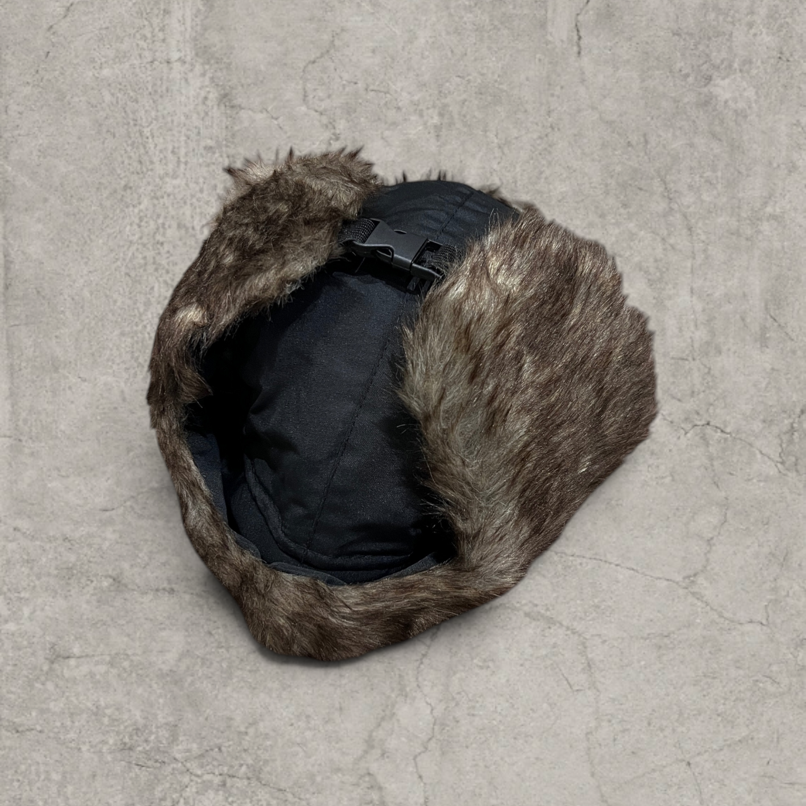 Russian ushanka hat in black with grey faux fur.