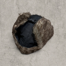 Russian ushanka hat in black with grey faux fur.