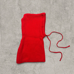Knitted hooded snood scarf bonnet hat with drawstring in red.