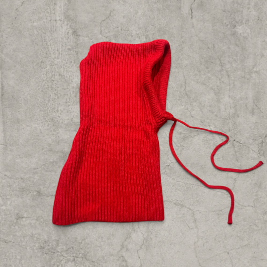 Knitted hooded snood scarf bonnet hat with drawstring in red.