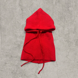 Knitted hooded snood scarf bonnet hat with drawstring in red.