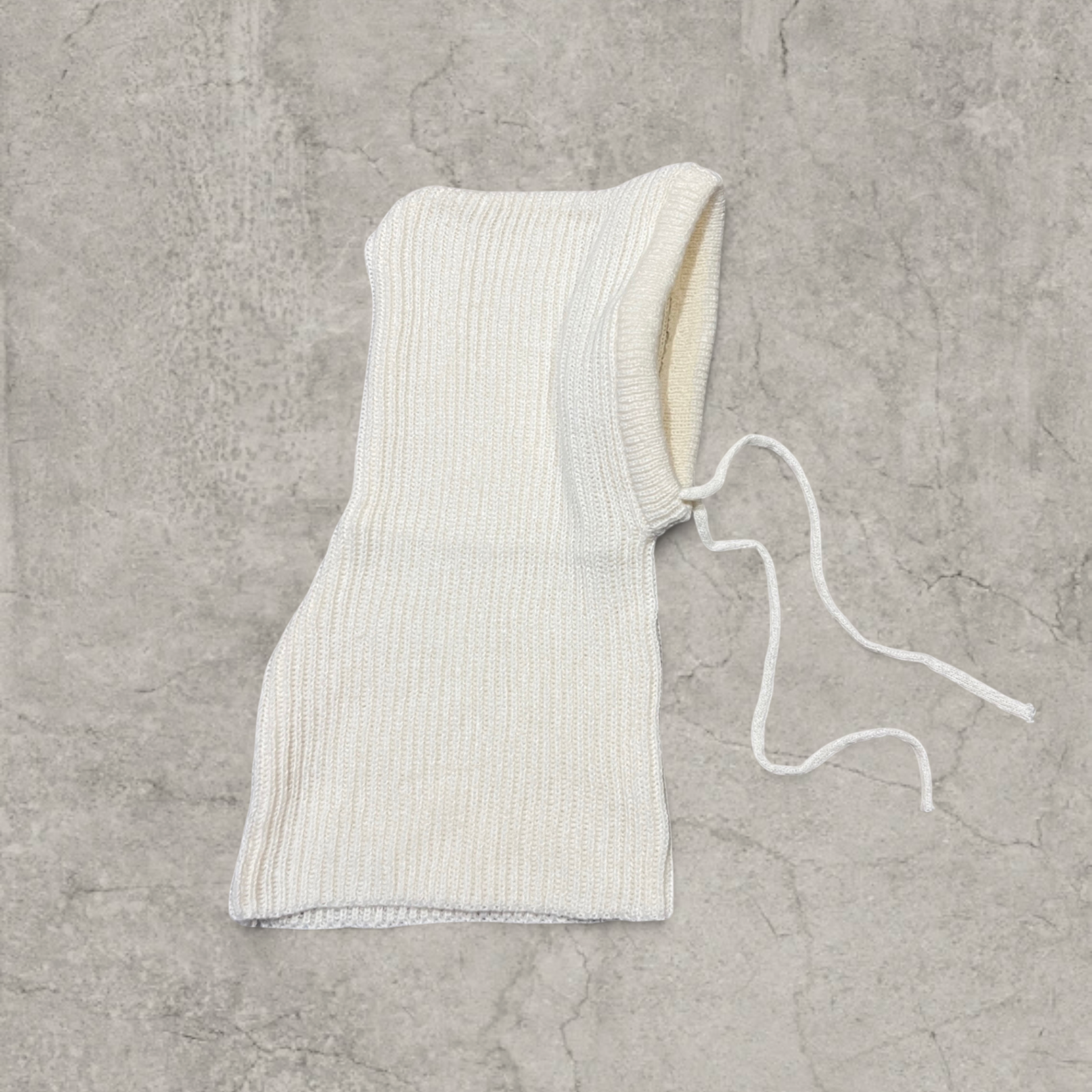 Knitted hooded snood scarf bonnet hat with drawstring in Cream.