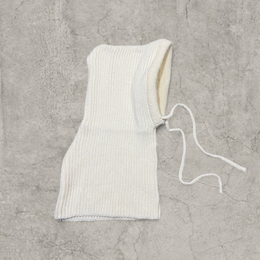 Knitted hooded snood scarf bonnet hat with drawstring in Cream.