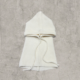 Knitted hooded snood scarf bonnet hat with drawstring in Cream.