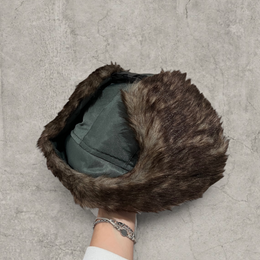 Russian ushanka hat in dark green with grey faux fur.