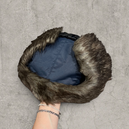 Russian ushanka hat in navy blue with grey faux fur.