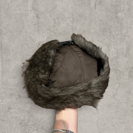 Russian ushanka hat in brown with grey faux fur.