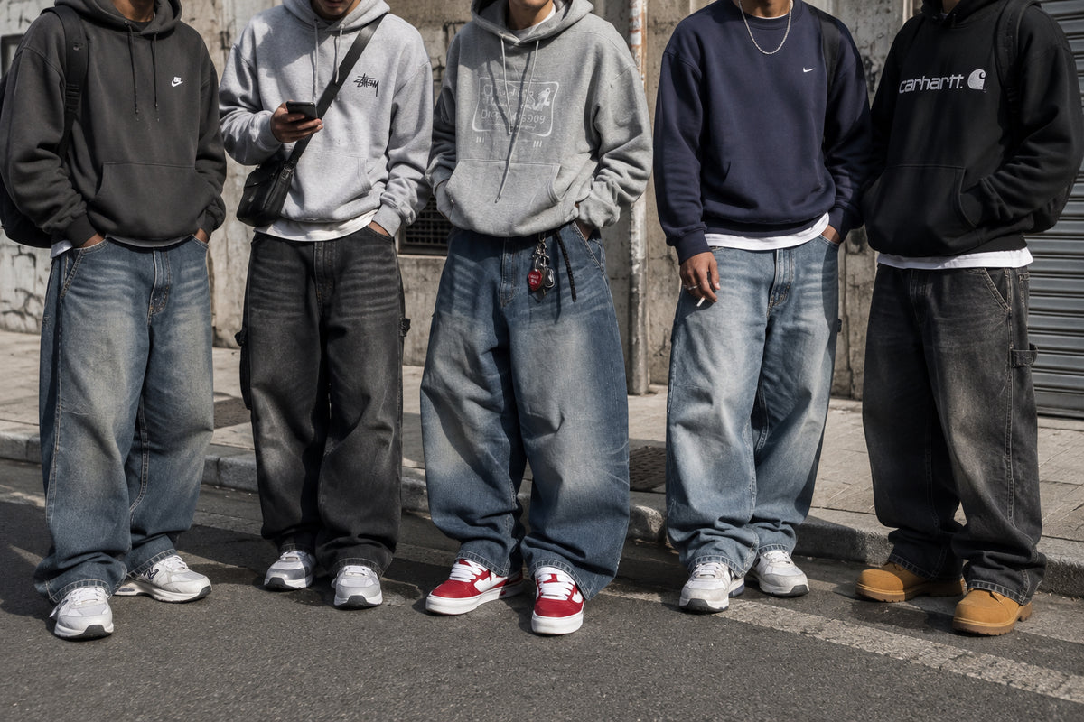 People dressed in baggy cool clothes on street