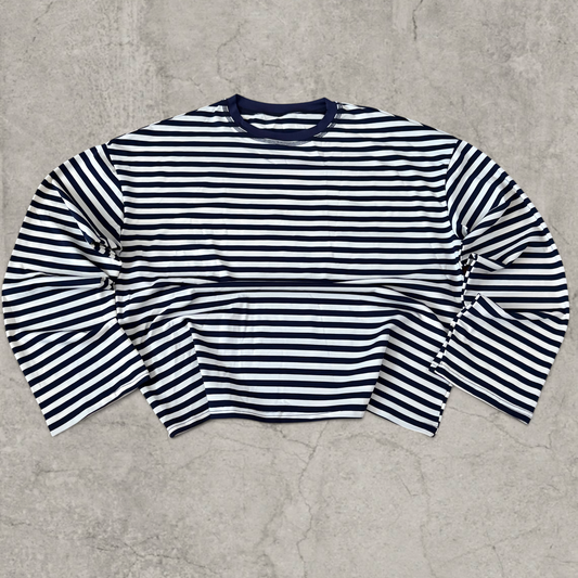 Relaxed fit long sleeve t-shirt top in navy blue white stripes