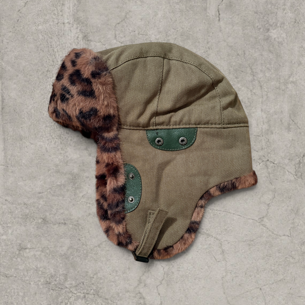 Russian ushanka hat in khaki green with brown leopard faux fur.
