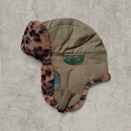 Russian ushanka hat in khaki green with brown leopard faux fur.