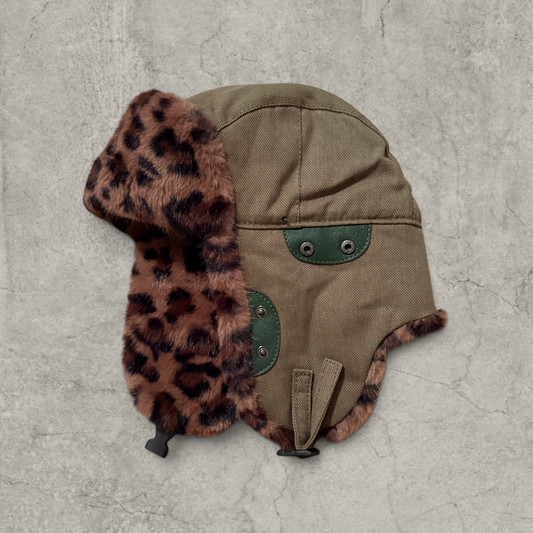 Russian ushanka hat in khaki green with brown leopard faux fur.