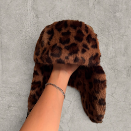 Russian ushanka hat in khaki green with brown leopard faux fur.
