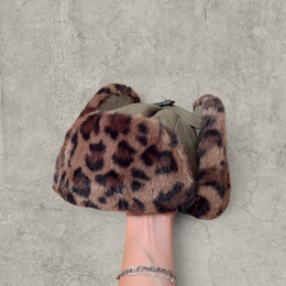 Russian ushanka hat in khaki green with brown leopard faux fur.