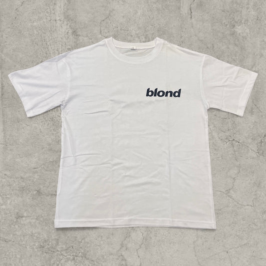 White Frank Ocean T-shirt with small black 'blond' print on front chest