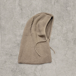 Knitted hooded snood scarf bonnet hat with drawstring in Beige.