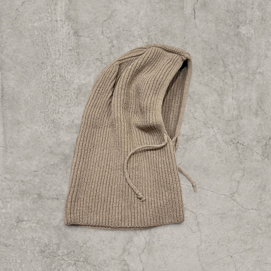 Knitted hooded snood scarf bonnet hat with drawstring in Beige.