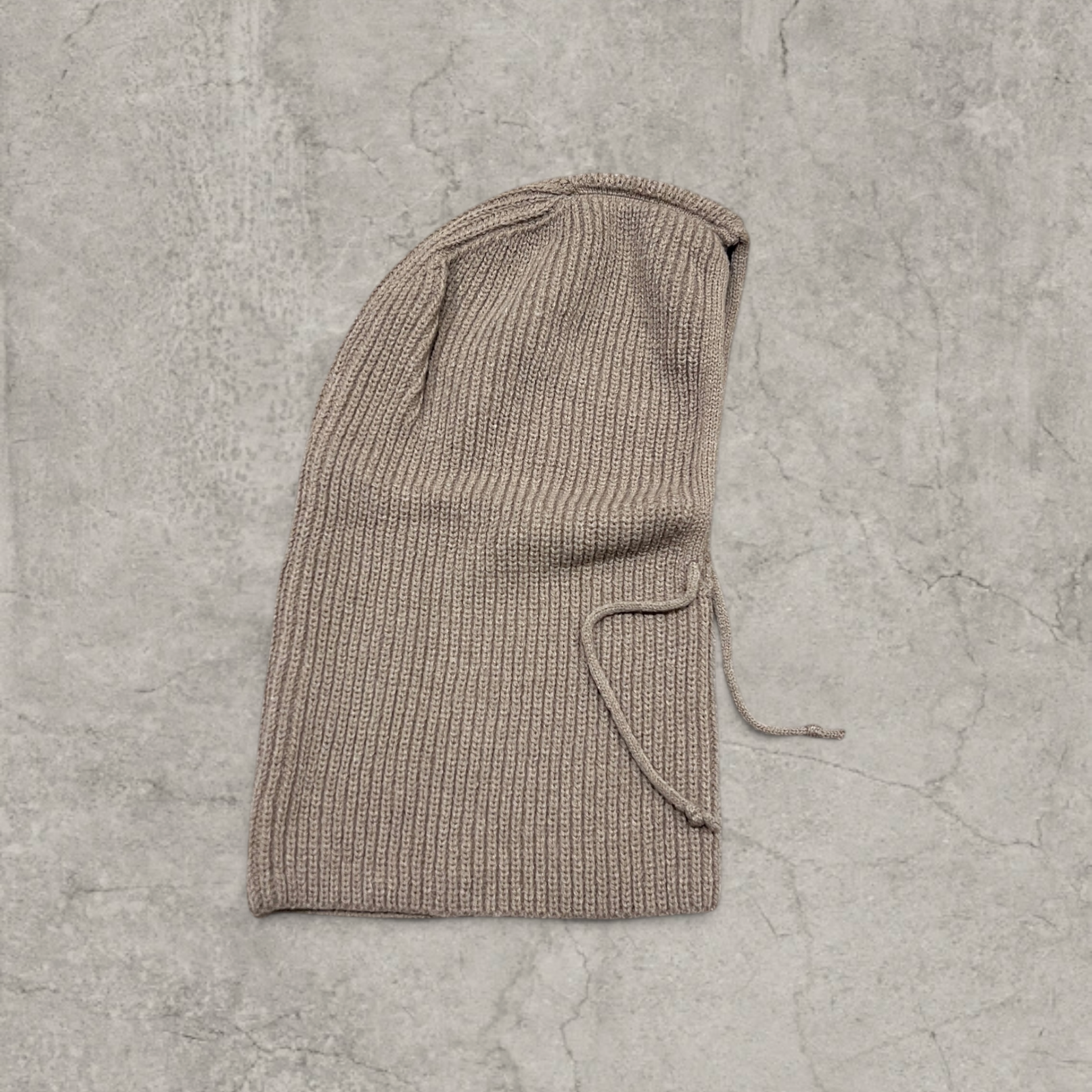 Knitted hooded snood scarf bonnet hat with drawstring in Beige.