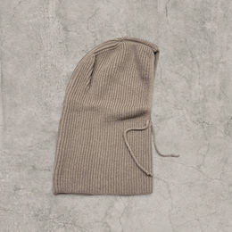 Knitted hooded snood scarf bonnet hat with drawstring in Beige.