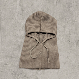 Knitted hooded snood scarf bonnet hat with drawstring in Beige.