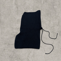 Knitted hooded snood scarf bonnet hat with drawstring in black.