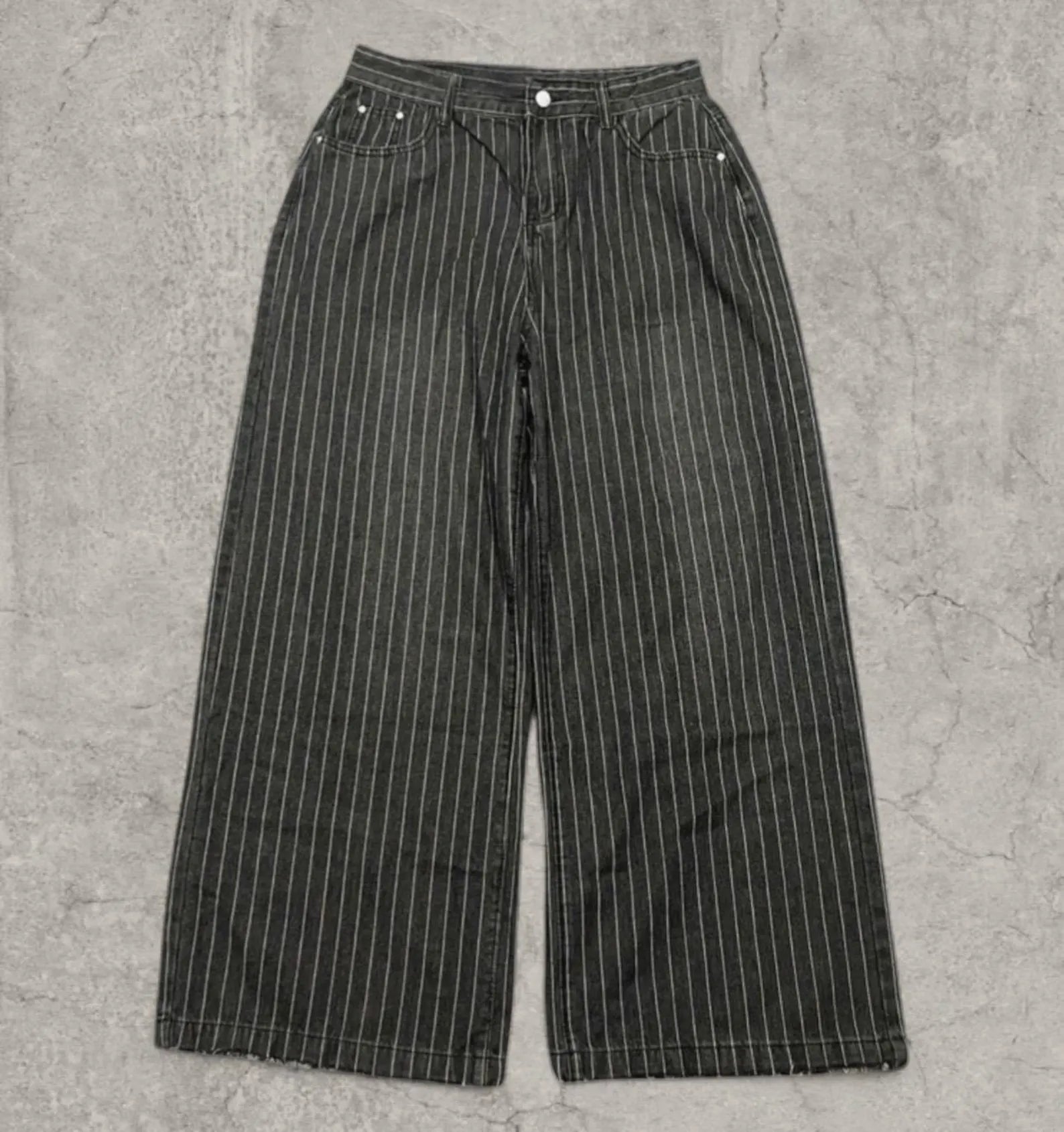 Insane baggy relaxed fit jeans in washed black with white pinstripe.