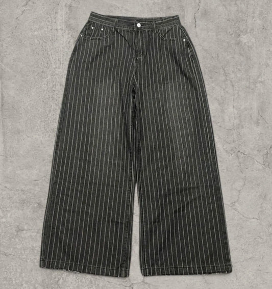 Insane baggy relaxed fit jeans in washed black with white pinstripe.