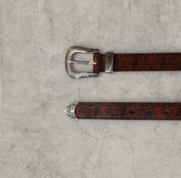 Vintage style faux leather western cowboy belt in brown with silver trim. 103cm.
