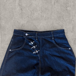 Wide leg skater Japanese style jeans in navy black with silver military clasps.