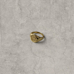 Cool vintage style gold colour stainless steel signet ring with engraved emblem.