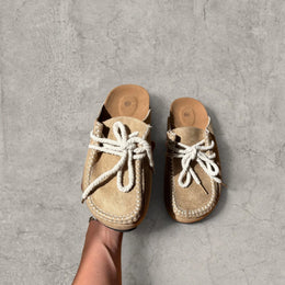 Retro Lace-Up Mule Shoes: Beige Brown Suede Platform Comfort
