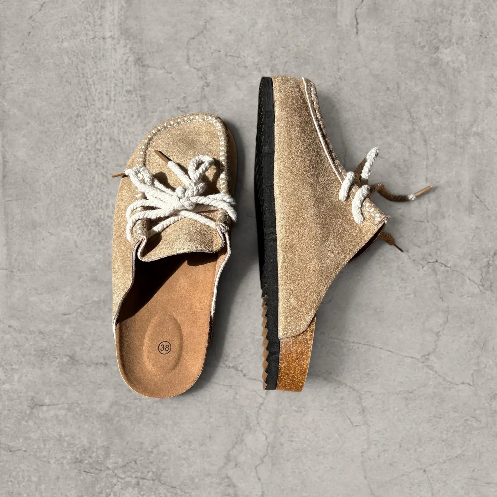 Retro Lace-Up Mule Shoes: Beige Brown Suede Platform Comfort