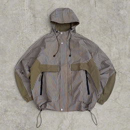 Insane skate khaki green/brown striped gorpcore jacket with hood, zip up and toggle.
