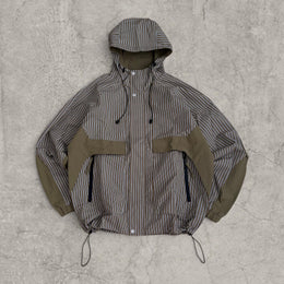 Insane skate khaki green/brown striped gorpcore jacket with hood, zip up and toggle.