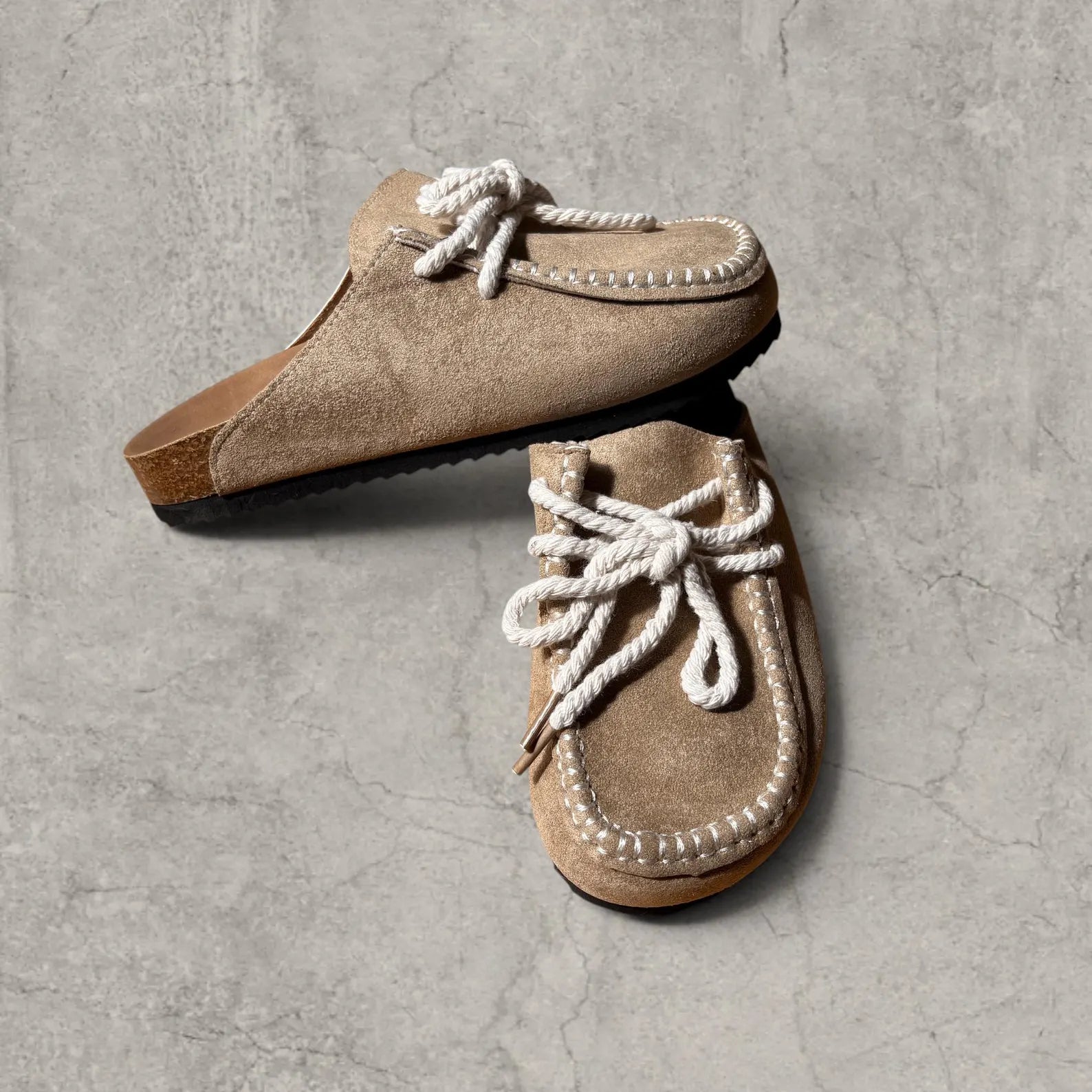 Retro Lace-Up Mule Shoes: Beige Brown Suede Platform Comfort
