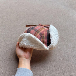 Trapper ear flap winter hat in checkered navy blue pink brown colour way. One size.