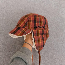 Trapper ear flap winter hat in checkered navy blue pink brown colour way. One size.