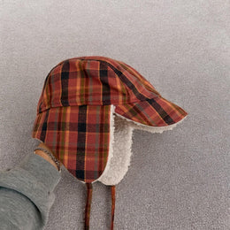 Trapper ear flap winter hat in checkered navy blue pink brown colour way. One size.