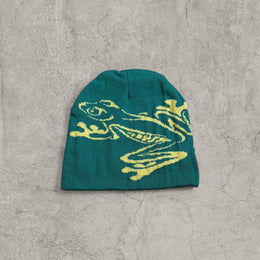Cool Japanese vintage style beanie hat in green with yellow frog graphic design. One size.