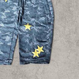 Japanese Style Camo Wide Leg Jeans with Yellow Stars. Grey/Khaki