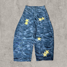 Japanese Style Camo Wide Leg Jeans with Yellow Stars. Grey/Khaki