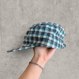 Vintage style baseball cap in plaid checkered blue white with white logo