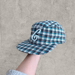 Vintage style baseball cap in plaid checkered blue white with white logo