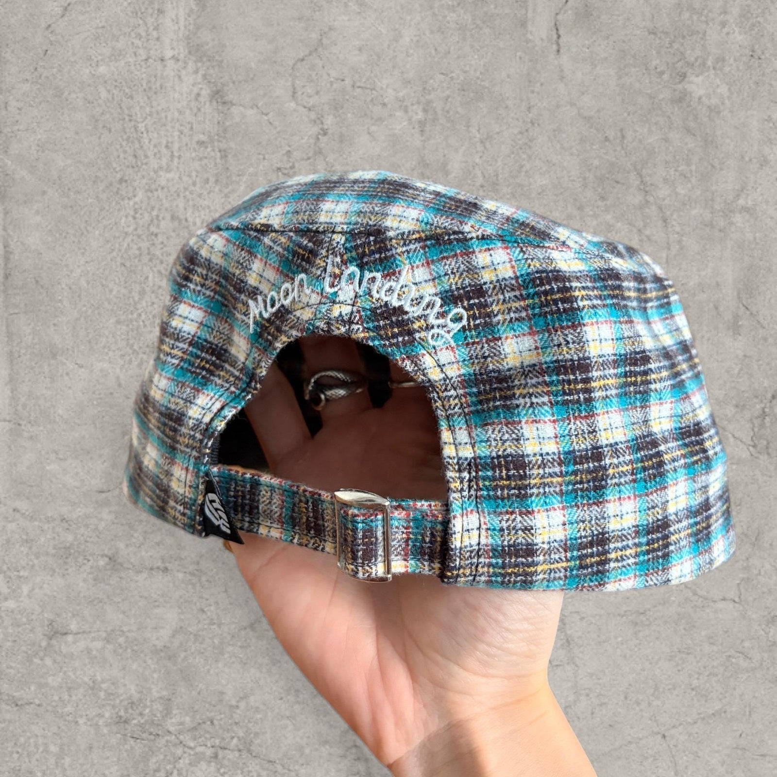 Vintage style baseball cap in plaid checkered blue white with white logo