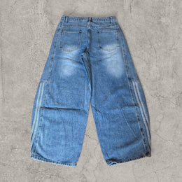 Japanese wide-leg skater jeans with stripe detailing in washed blue