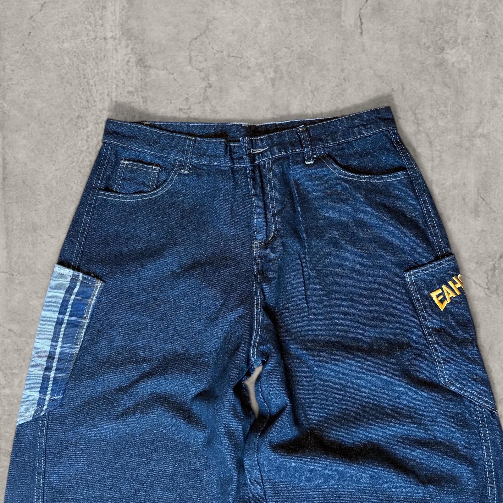 wide leg skater Japanese style plaid jeans in navy blue.