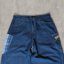 wide leg skater Japanese style plaid jeans in navy blue.
