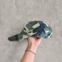 Vintage style baseball cap in khaki green camo print with pink gothic logo