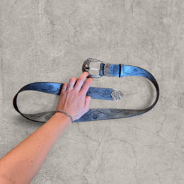 Vintage style faux leather western cowboy belt in grey with silver trim. 103cm.